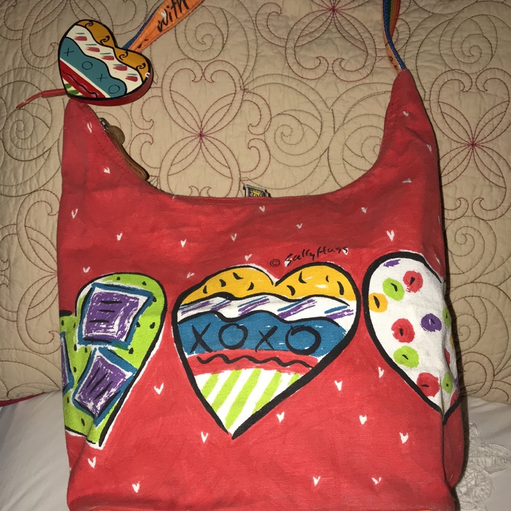 Vtg Sally Huss Love You Hearts Tote Beach Bag